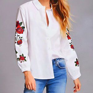 Women's Girls' Rose Floral Embroidered Cotton Long Sleeve Shirt Blouse Top
